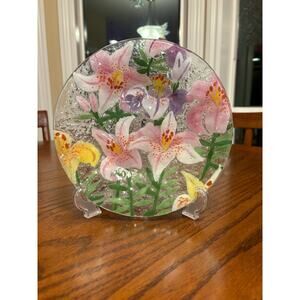Vintage 8.5" Fused Glass Plate with Lilies by Ann C. Ross